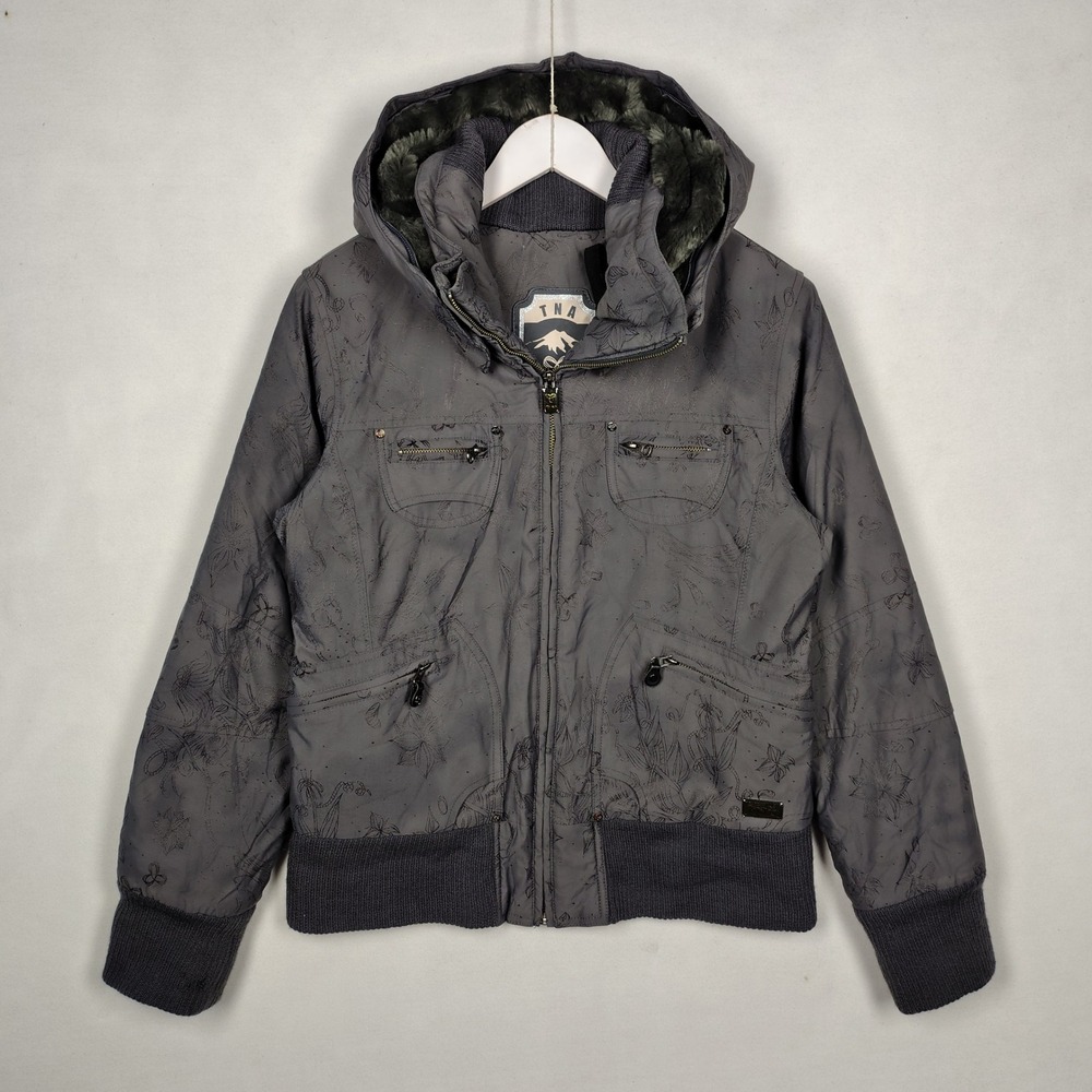 TNA Aritzia Gray Floral Print Faux Fur Lined Bomber Jacket XL Water Resistant